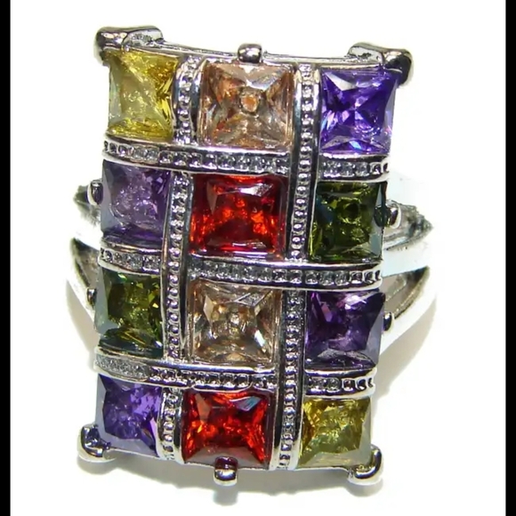 Vintage Sterling Silver & Natural Multi Stone Tourmaline Statement Ring S-8 - Picture 4 of 7